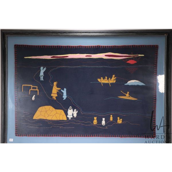 Inuit art hand made wool applique Kiluk featuring a camp scene, overall dimensions including frame 3