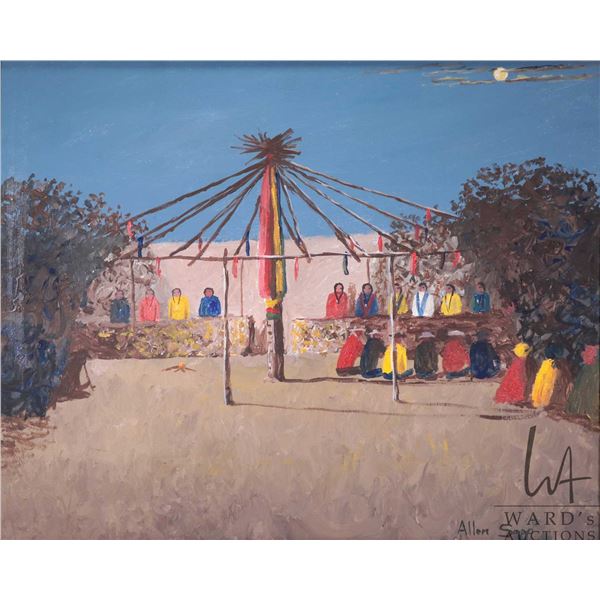 Allen Sapp, framed acrylic on canvas painting of Powwow, 20" X 24"