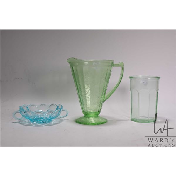 Three pieces of Uranium glass pitcher, double handled dish and 5 1/2" beaker
