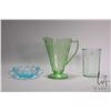 Image 1 : Three pieces of Uranium glass pitcher, double handled dish and 5 1/2" beaker