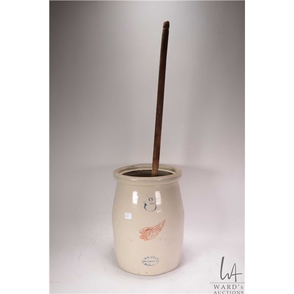 Red Wing Union Stoneware Co. 3 gallon butter churn with wooden plunger, missing stoneware lid