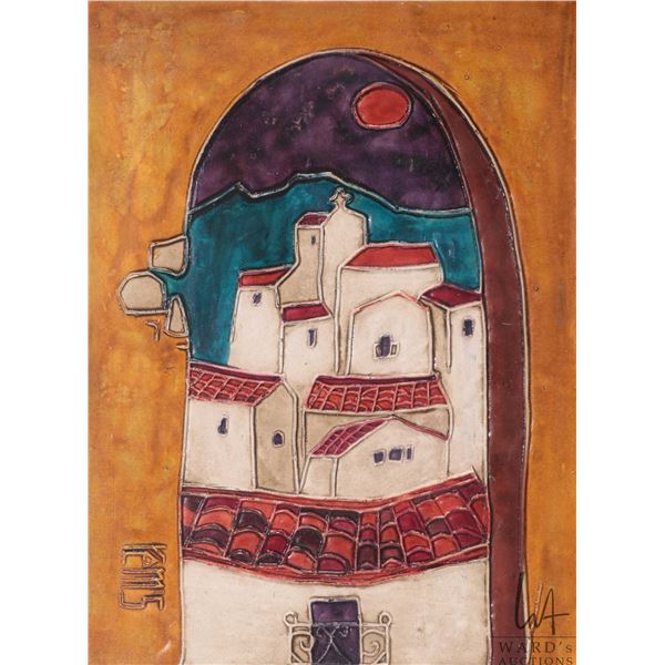 Rems, Cityscape relief oil painting of a Mediterranean village view, 12" X 9"