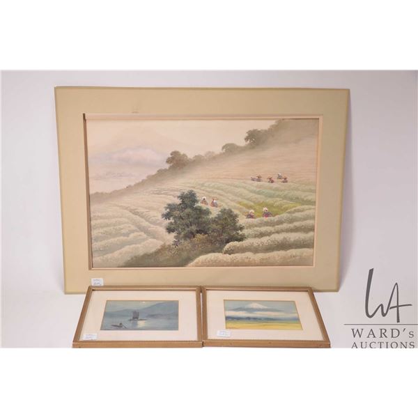 S. Niimi watercolour paintings including unframed Asian fieldworkers 13" X 19" and two small framed 