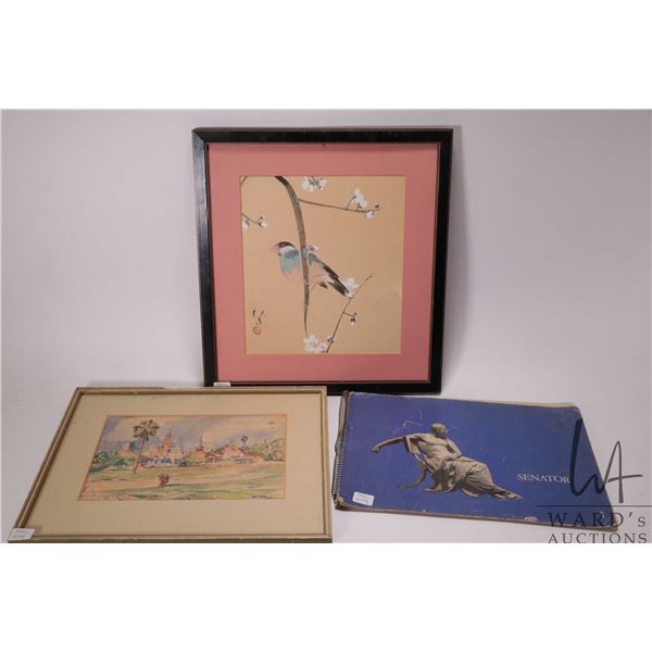 Selection of original watercolour paintings including Asian bird and blossom 11" X 9", an Asian city