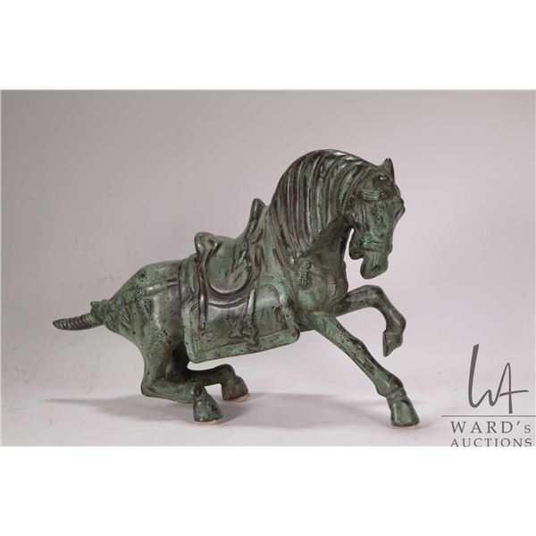 Vintage cast bronze horse sculpture in the style of China's Tang dynasty, 10 1/2" H X 16" L