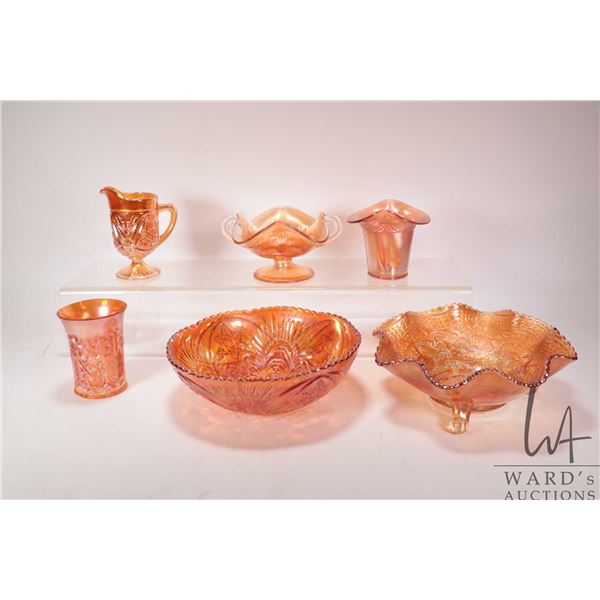 Selection of vintage Carnival glass including Fenton two flower ruffled and footed bowl, small pitch