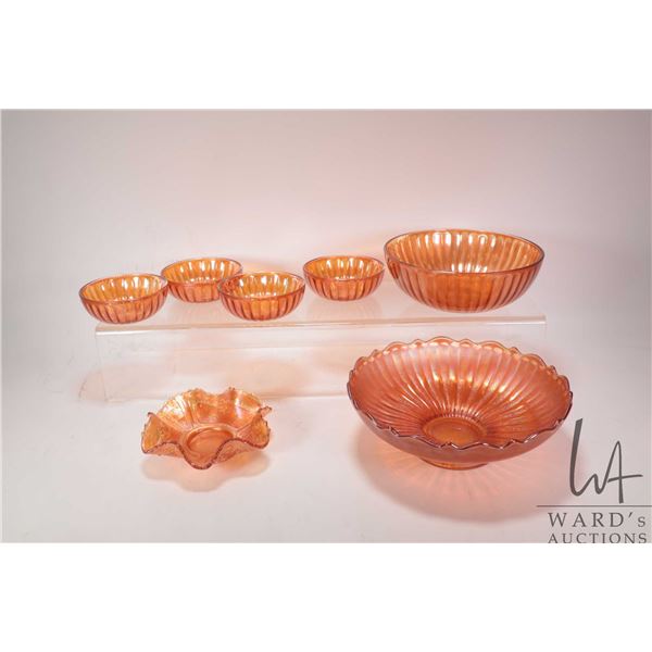 Selection of vintage collectible Carnival glass including five piece dessert set, center bowl and a 