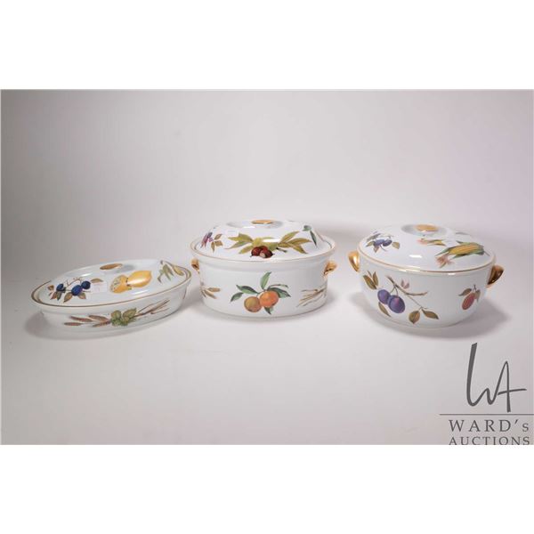 Three Royal Worcester Evesham lidded casserole dishes including tall oval 10 1/2", shallow oval 10 1