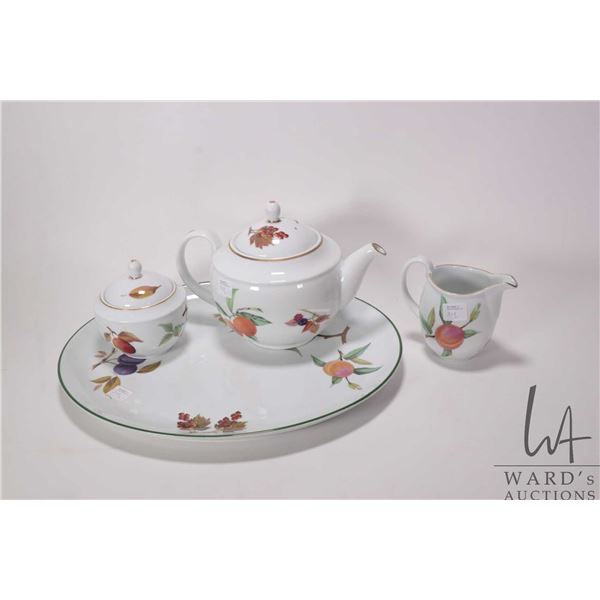 Royal Worcester Evesham teapot, lidded sugar and cream jug plus 15" oval platter