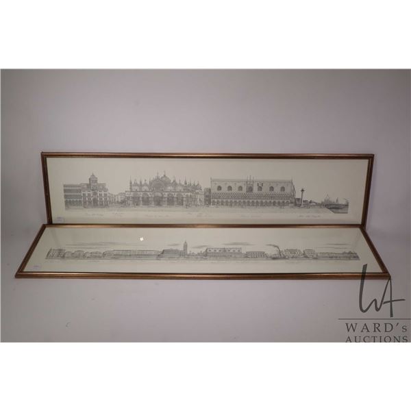 Two gilt framed prints of etching of scenes in Venice, each framed dimensions 10" X 40"