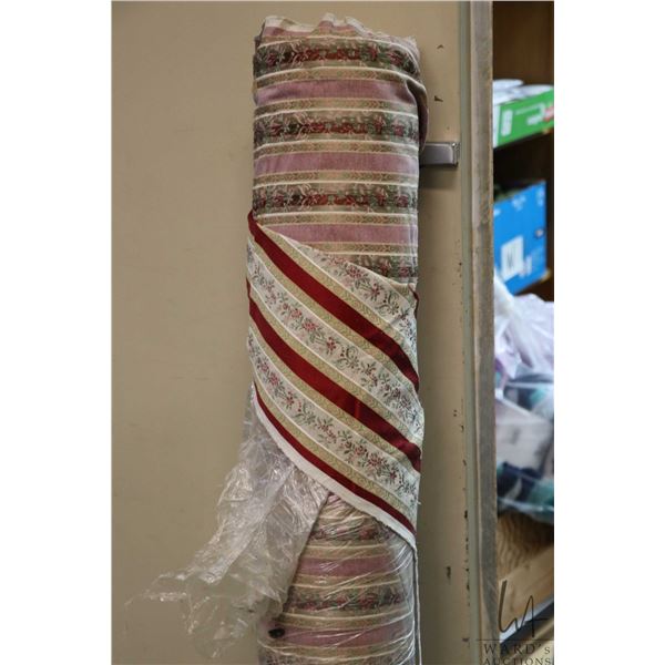 Large bolt of Regency style floral strip upholstery fabric in maroon, red, gold and green, yardage u