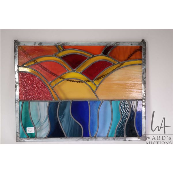 Stain glass panel with attached hanging chain, 13" X 17"
