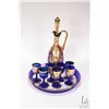 Image 1 : Vintage hand painted Bohemian gilt and cobalt glass drinks set including lidded decanter, seven glas