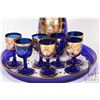 Image 2 : Vintage hand painted Bohemian gilt and cobalt glass drinks set including lidded decanter, seven glas