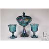 Image 1 : Three pieces of vintage blue Carnival glass including lidded 10 1/2" comport and two goblets