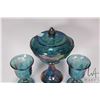 Image 2 : Three pieces of vintage blue Carnival glass including lidded 10 1/2" comport and two goblets