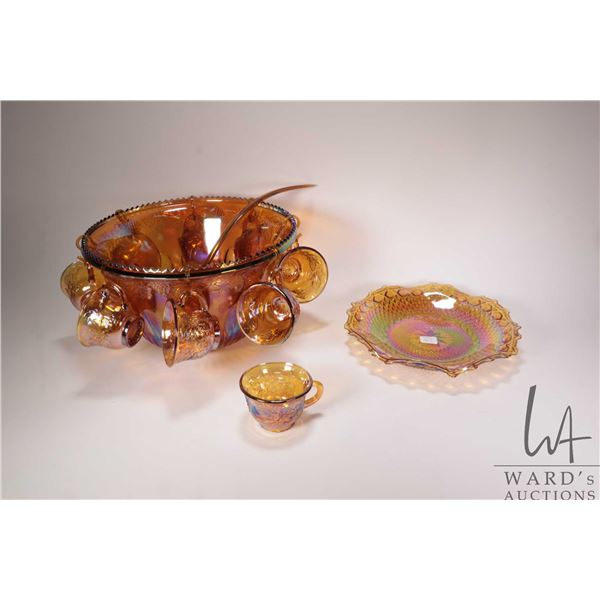 Vintage Carnival Glass punch bowl with twelve punch cups, nine hangers and ladel plus a ruffled dish