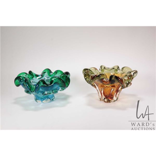 Two pieces of MCM hand blown art glass including blue/ green and yellow green dishes