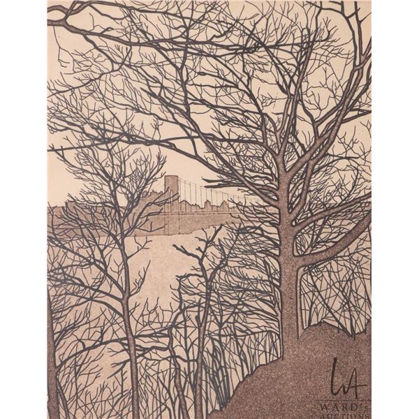 Sue Marin, framed block print titled "Pallisades View" pencil signed by artist and numbered 139/300,