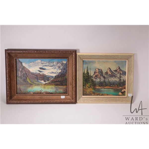 J.A. Carlson, two framed acrylic on board paintings including titled on verso " Lake Louise", 10" X 