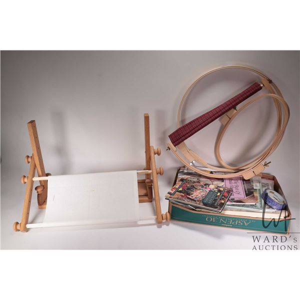 Selection of needlework accessories including two 18" frames, patterns, table top needlework frame, 