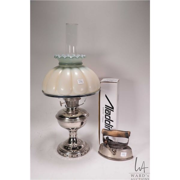 Vintage Aladin number 9 nickel plated oil lamp with original shade and replacement Aladin chimney wi