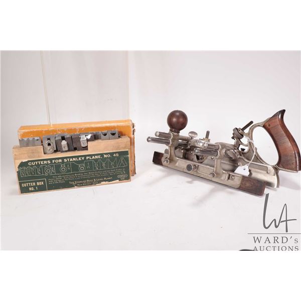Antique Stanley #45 Type 12 plane circa 1915-1920, comes with original cutter box No. 1 with 21 cutt