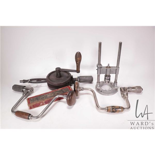 Selection of vintage and antique drills and accessories including Irwin expansion bit in original bo