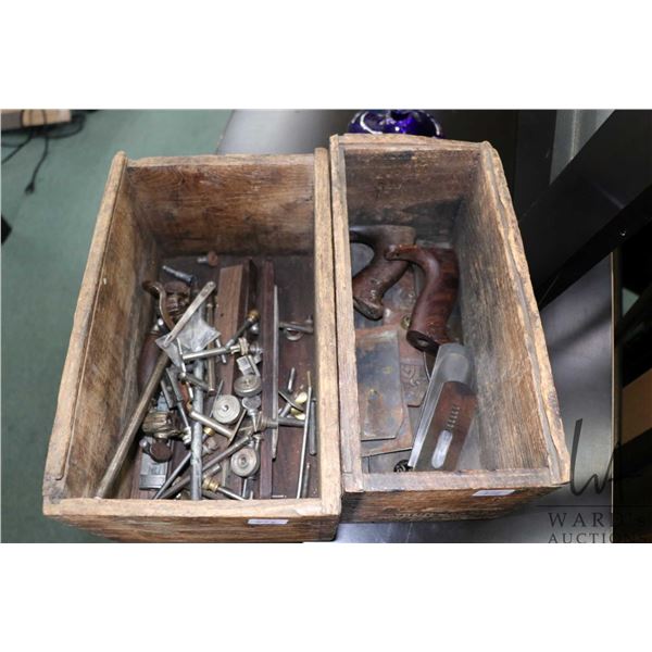Pair of Stanley plane boxes for Stanley #45 and Stanley #55 planes, with no lids, as well as a selec