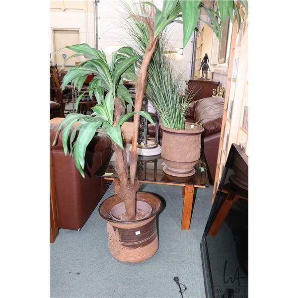 Two clay pots, each approximately 13" high and filled with faux houseplant