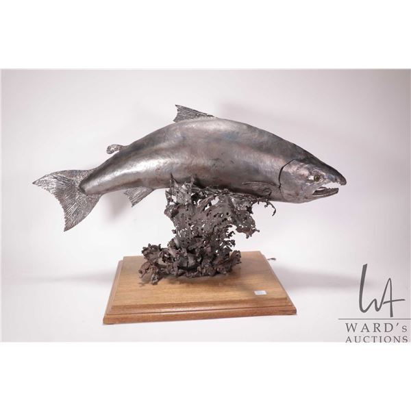 Artisan made tin salmon sculpture 17" in height and 30" wide