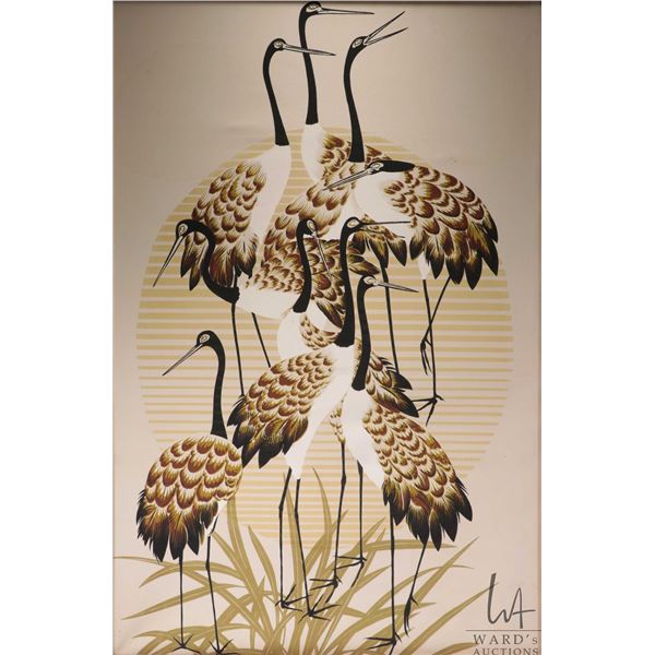 Framed silk screen print of Japanese cranes, originally made for Bagshaw's of St. Lucia, overall dim