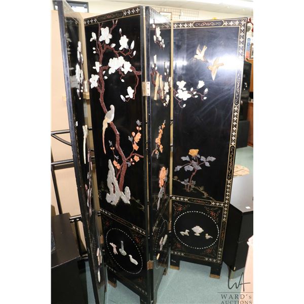 Four panel Oriental black lacquered room divided with painted floral and birds and attached carved s