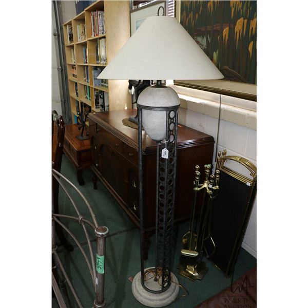 Set of three living room Neo Classical style table lamps with metal galley and stone/ stone like bas