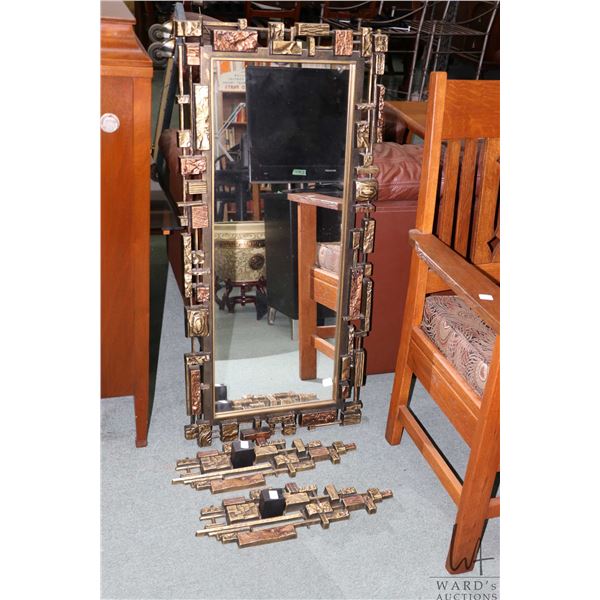 MCM Syroco Dart Brutalist wall mirror with pair of matching candle sconces, mirror outside dimension