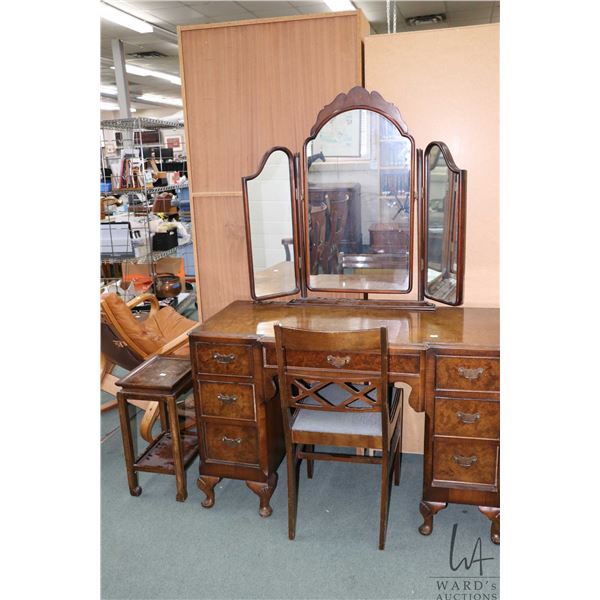 Selection of mid 20th century furniture including double pedestal vanity with swing mirror and cabri