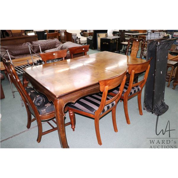 Semi contemporary Oriental style dining table with marquetry top, 69" X 44" plus two 15" skirted ins