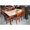 Image 1 : Semi contemporary Oriental style dining table with marquetry top, 69" X 44" plus two 15" skirted ins