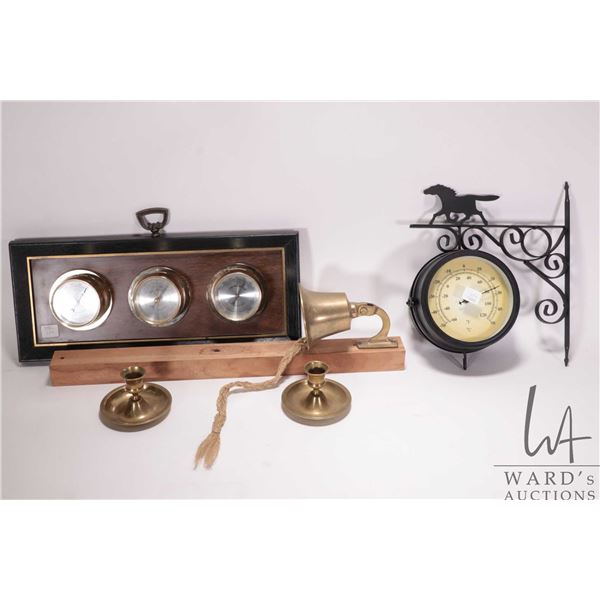 Selection of collectibles including a barometer, thermonator and humidy meter, wall mount clock and 