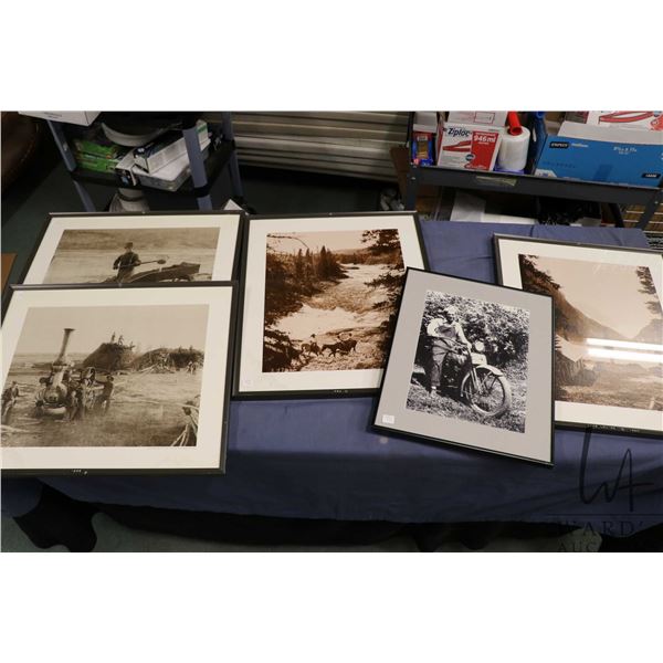 Five vintage framed prints of photographs from the Provincial Archives including motorbike, Lake Lou