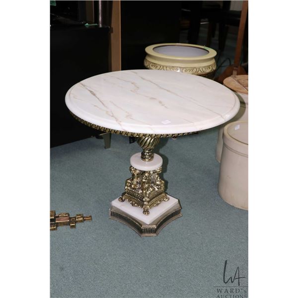 Retro marble and cast metal cherub base pedestal occasional table, 21" H X 24" D