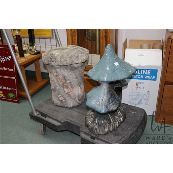 Concrete log motif stool 16" in height and a mushroom garden ornament