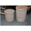 Image 1 : Two Medalta crocks including a four gallon and an eight gallon and one homemade wooden lid. Note: Un