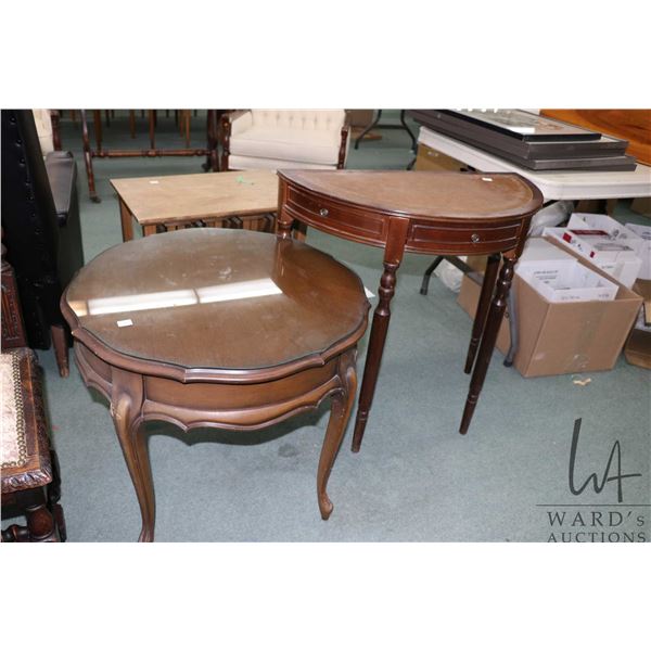 French provincial style round table with glass top protector, 23" H X 26" D and semi contemporary si