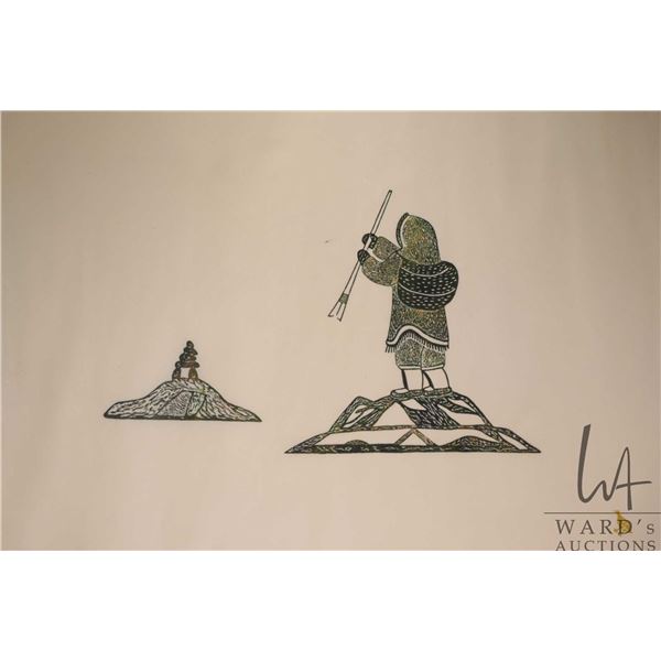 Lipa Pitsiulak, Pangnirtung, framed stonecut print "Man Going Fishing" marked in syllabics, overall 
