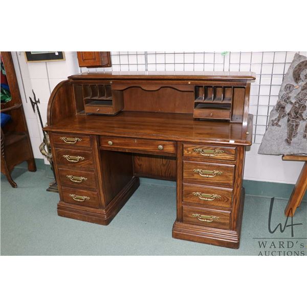 Semi contemporary double pedestal C-Curve roll top desk with fitted pigeon hole interior, made by Ja
