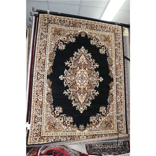 Modern polyester areas carpet, with center medallion, black background and highlights of black and c