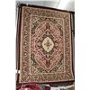 Image 1 : Modern polyester area carpet with center medallion, burgundy background and highlights of black, cre