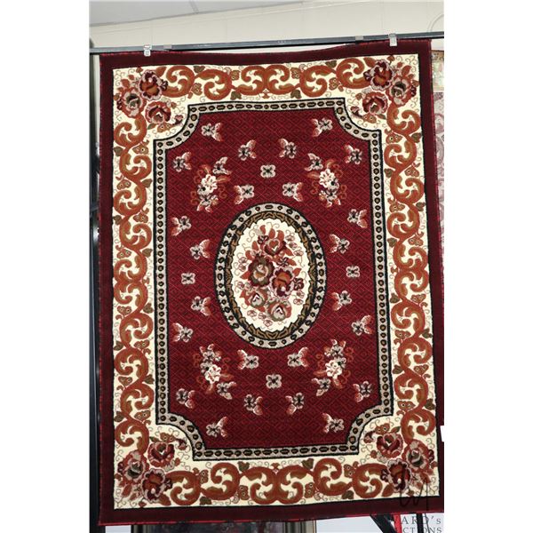Modern polyester area carpet with center medallion Asian floral design with deep red background and 