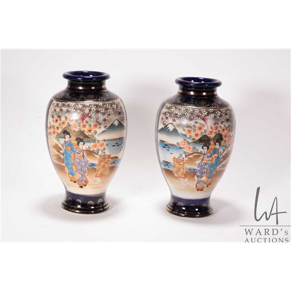 Pair of hand painted Japanese vases, 9 1/2" in height